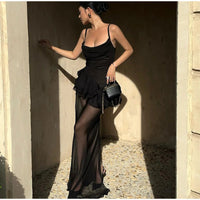 Woman Sexy Black Suspender Patchwork Dress Fashion High Waisted Slim Fitting Mesh Backless Robe 2025 Chic Ladies Evening Dresses