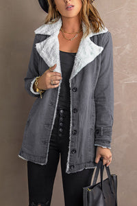 Green Gray Lapel Collar Button Fleece Jacket