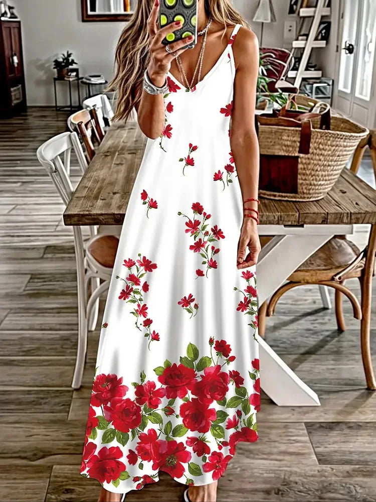 Hawaiian Vacation Travel Sexy V-neck Suspender Flower Dress Fresh Small Floral Street Fashion Sexy Party Dinner Evening Dress