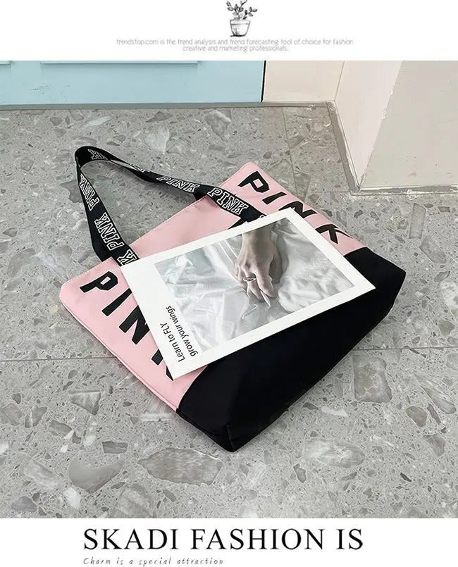 Sports Fitness Tote Bag Nylon Fabric Bags Women Handbag Pink Letter Graphic Tote Handbags Woman Shoulder Bags Casual