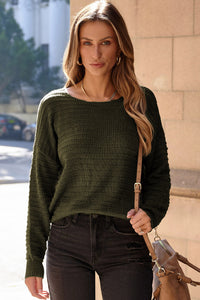 Duffel Green Textured Knit Round Neck Dolman Sleeve Sweater