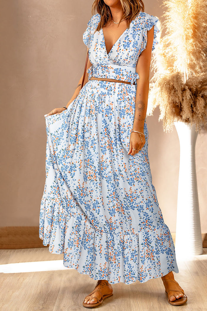 Women's Floral Ruffled Crop Top and Maxi Skirt Set for Fashionable and Fresh Style