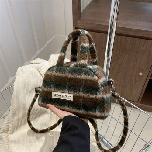 Fashion Retro Plush Plaid Women's Shoulder Bag Casual Retro Ladies Woolen Crossbody Bags Female Change Purse Tote Handbags