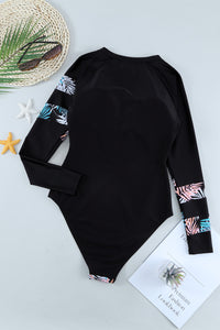 Leaves Print Zip-up Long Sleeve Surf Rash Guard Swimwear