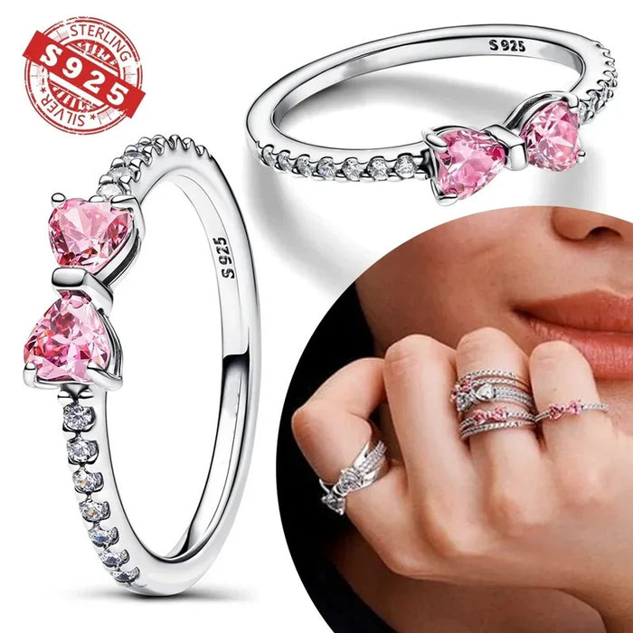 Christmas New 925 Silver Ring Pink Heart Zircon Shining Bow Ring Original   Ring DIY Women Fine Jewelry Christmas Gifts for girl