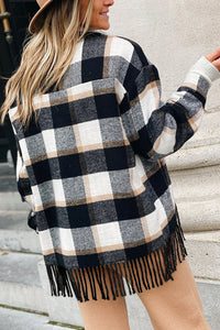 Medium Grey Plaid Snap Button Pocket Fringed Hem Jacket