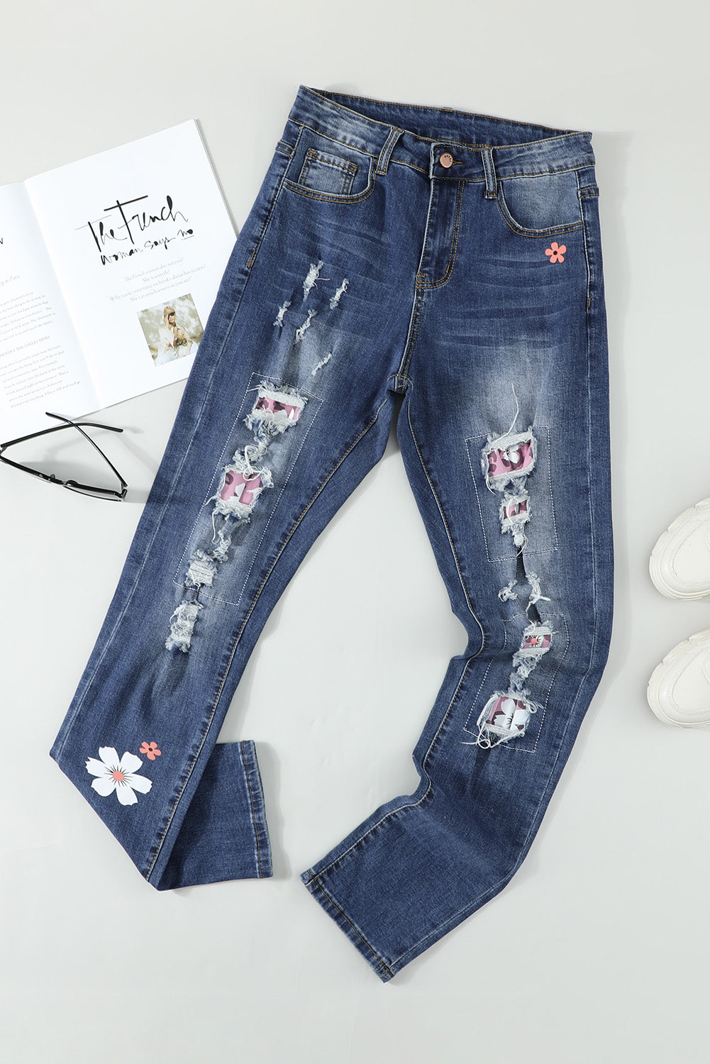 Sky Blue Floral Leopard Print Patchwork Distressed High Waist Jeans