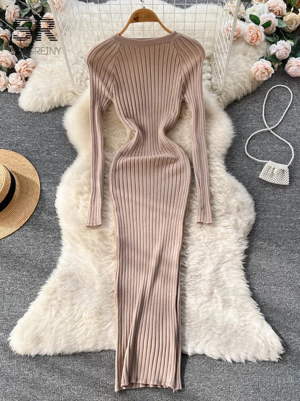 SINGREINY Winter Women Knit Maxi Dress O Neck Autumn Long Sleeve Slim Solid Harajuku Ladies Fashion Pencil Sweater Long Dresses