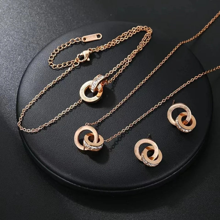 3 PCS Fashion Roman Digital Double Ring Pendant Necklace Bracelet Tiny Earrings Jewelry Set For Women Korean Style Daily Wear