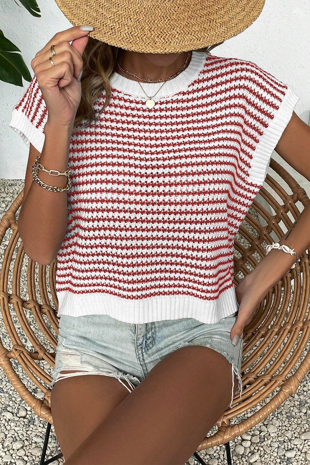 Red Stripe Ribbed Trim Loose Fit Knitted Sweater Vest