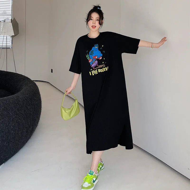 Harajuku Graphic White Long Dress Woman Clothing Y2k Casual Short Sleeve O-Neck Korean Fashion Summer Womens Loose Dresses 2024