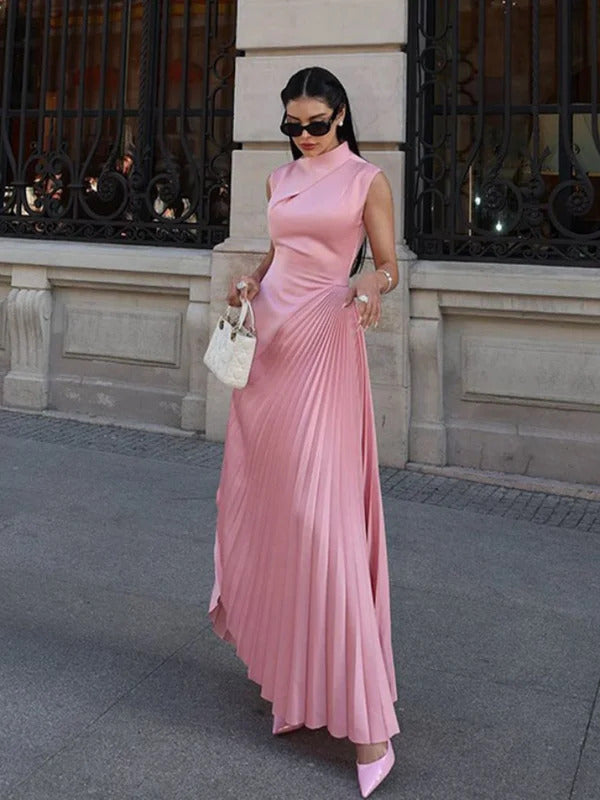 Fashion Women's Solid Irregular Pleated Maxi Dress Elegant Oblique Neck Sleeveless High Waist Dresses Female New Chic Party Robe