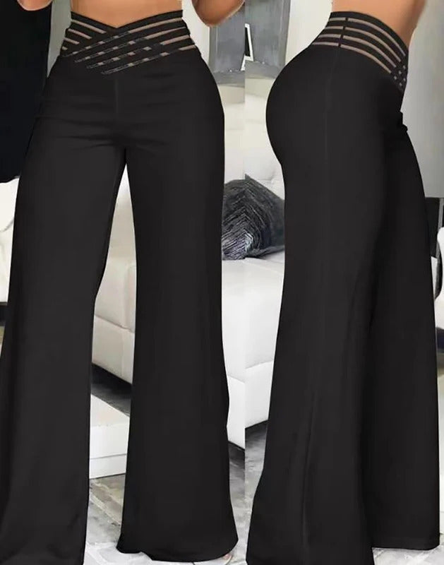 Women Flared Pants Elegant Office Lady Casual High Waist Trousers Spring Summer Solid Crisscross Sheer Mesh Patch Wide Leg Pant