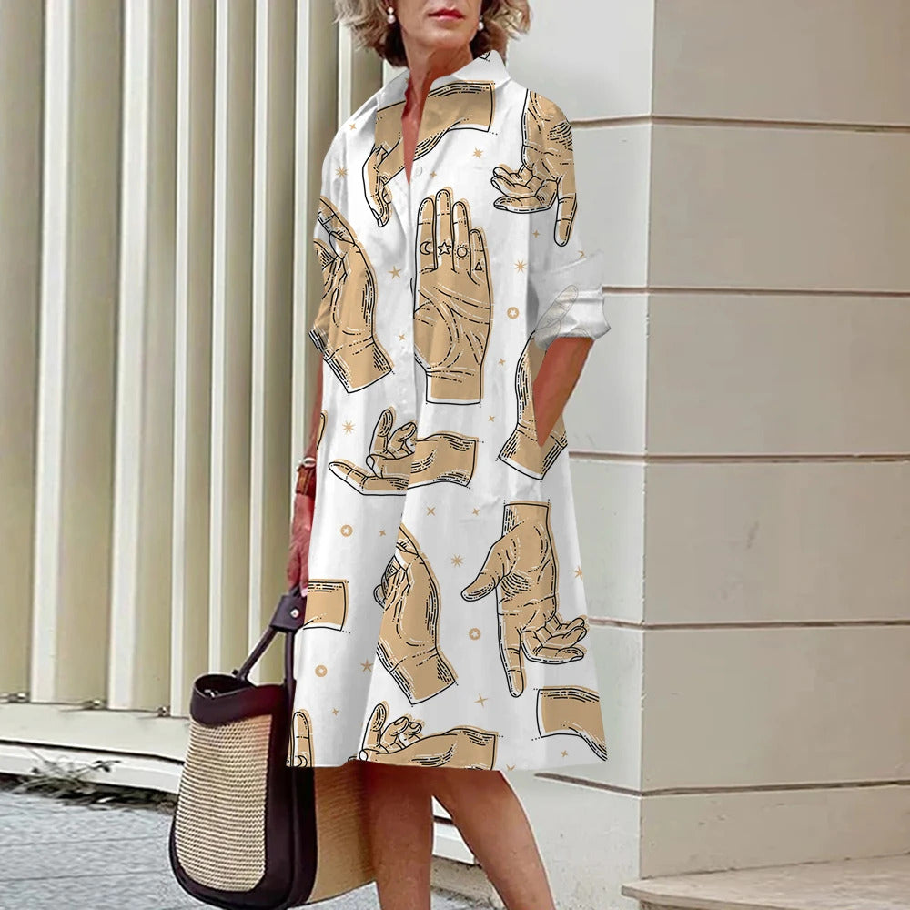 Floral Pattern Shirt Dress Elegant Women's Summer Casual Lapel Long Sleeve Midi Dress High Temperament Fashion Street Shirt