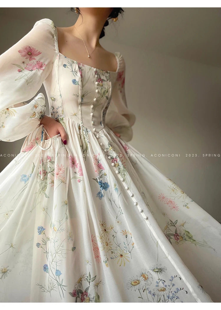 French Vinatge Evening Party Long Dresses for Women Floral A-line Princess Dress Lantern Sleeve Spring Summer Prom Robe Vestidos