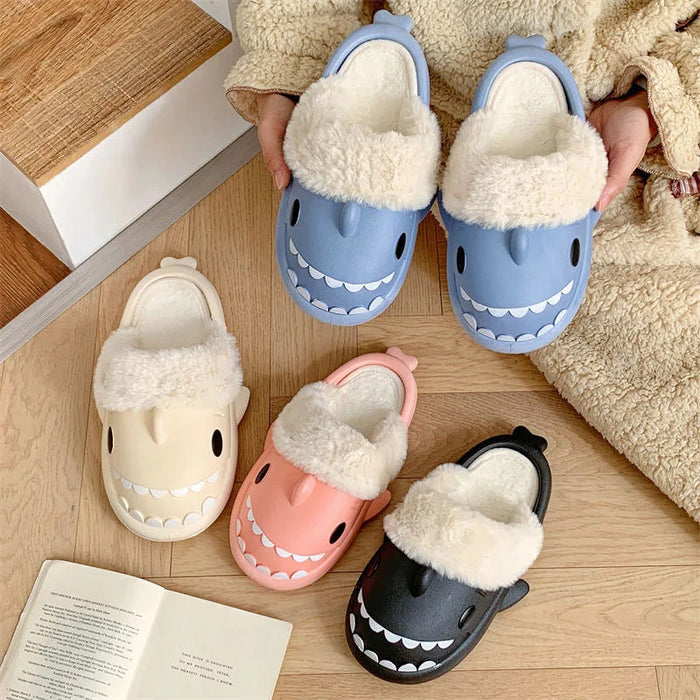 Winter Women Shark Slippers Couple Removable Liner Indoor Warm Cute Shark Slides Plush Cotton Flip Flops Home Indoor Cotton Shoe