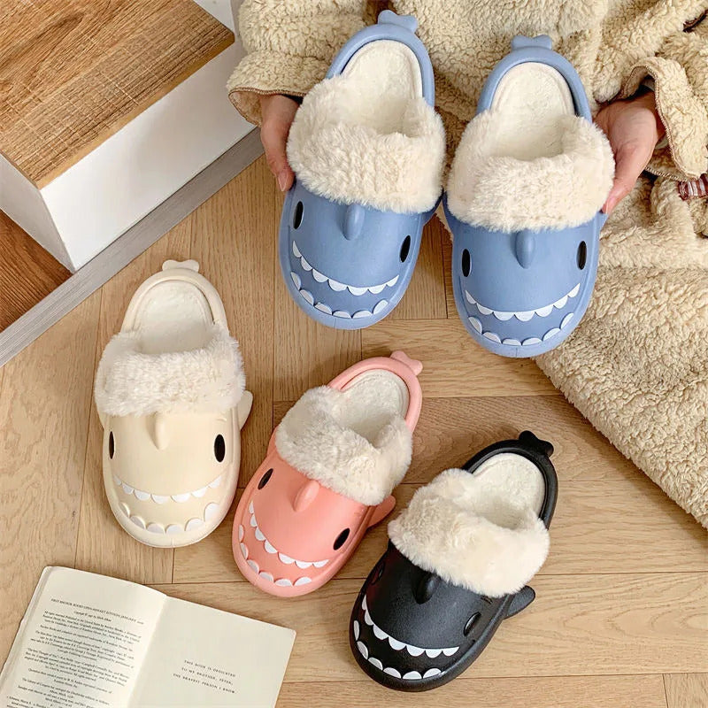 Winter Women Shark Slippers Couple Removable Liner Indoor Warm Cute Shark Slides Plush Cotton Flip Flops Home Indoor Cotton Shoe