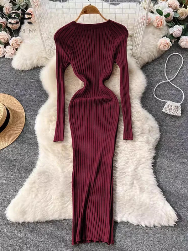 SINGREINY Winter Women Knit Maxi Dress O Neck Autumn Long Sleeve Slim Solid Harajuku Ladies Fashion Pencil Sweater Long Dresses