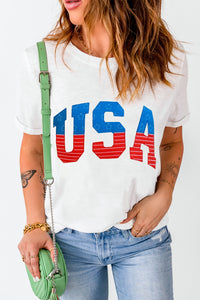 White USA Star and Striped Embroidered Crewneck Graphic Tee