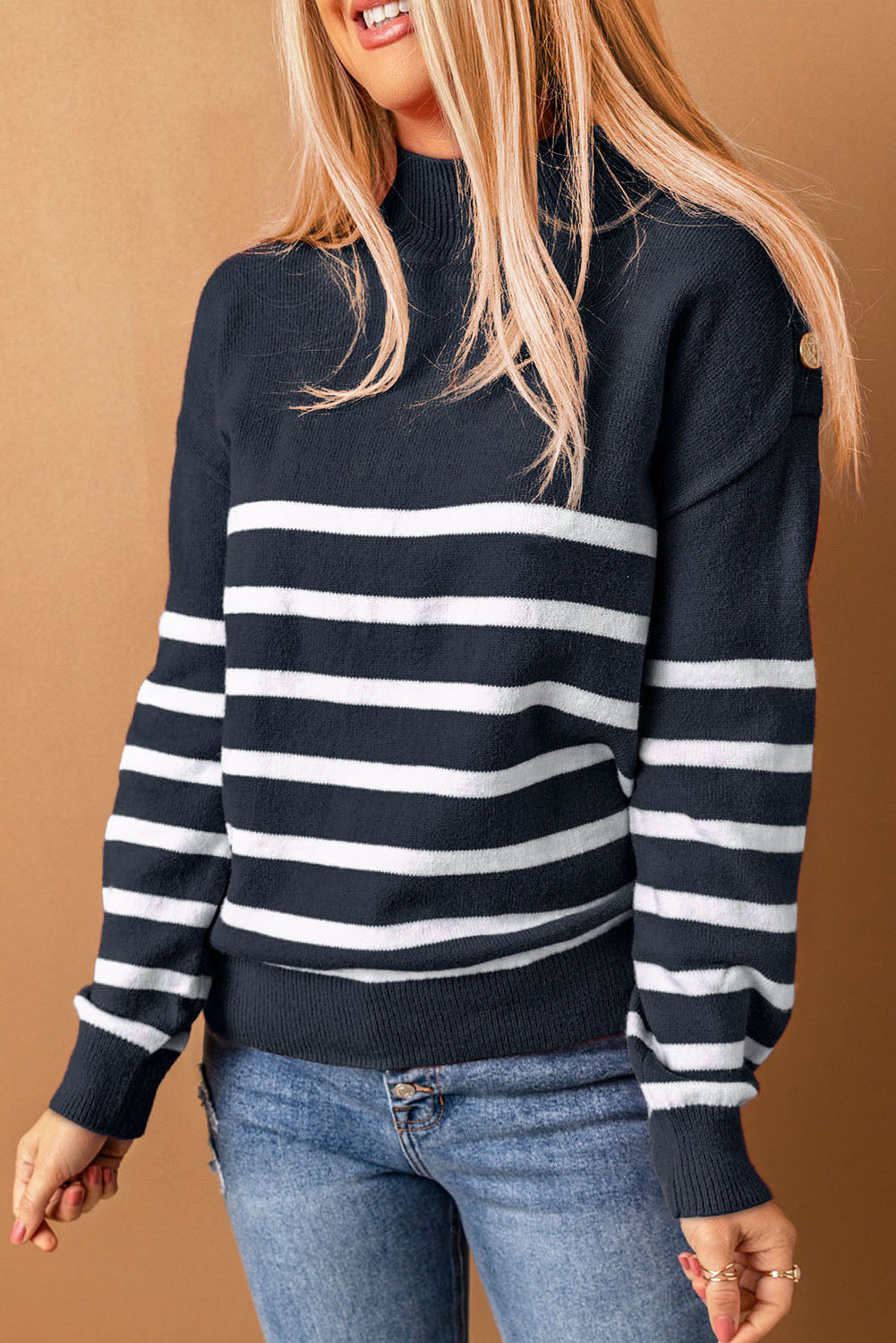 Blue Striped Turtleneck Long Sleeve Sweater with Buttons