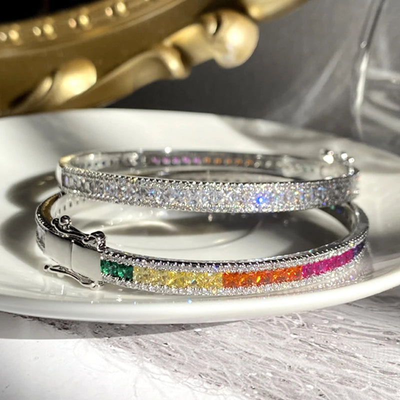 WPB Advanced Colorful Zircon Bangle Women Diamond Rainbow bangles Female Platinum Plated Luxury Jewelry Bright Design Girl Gift