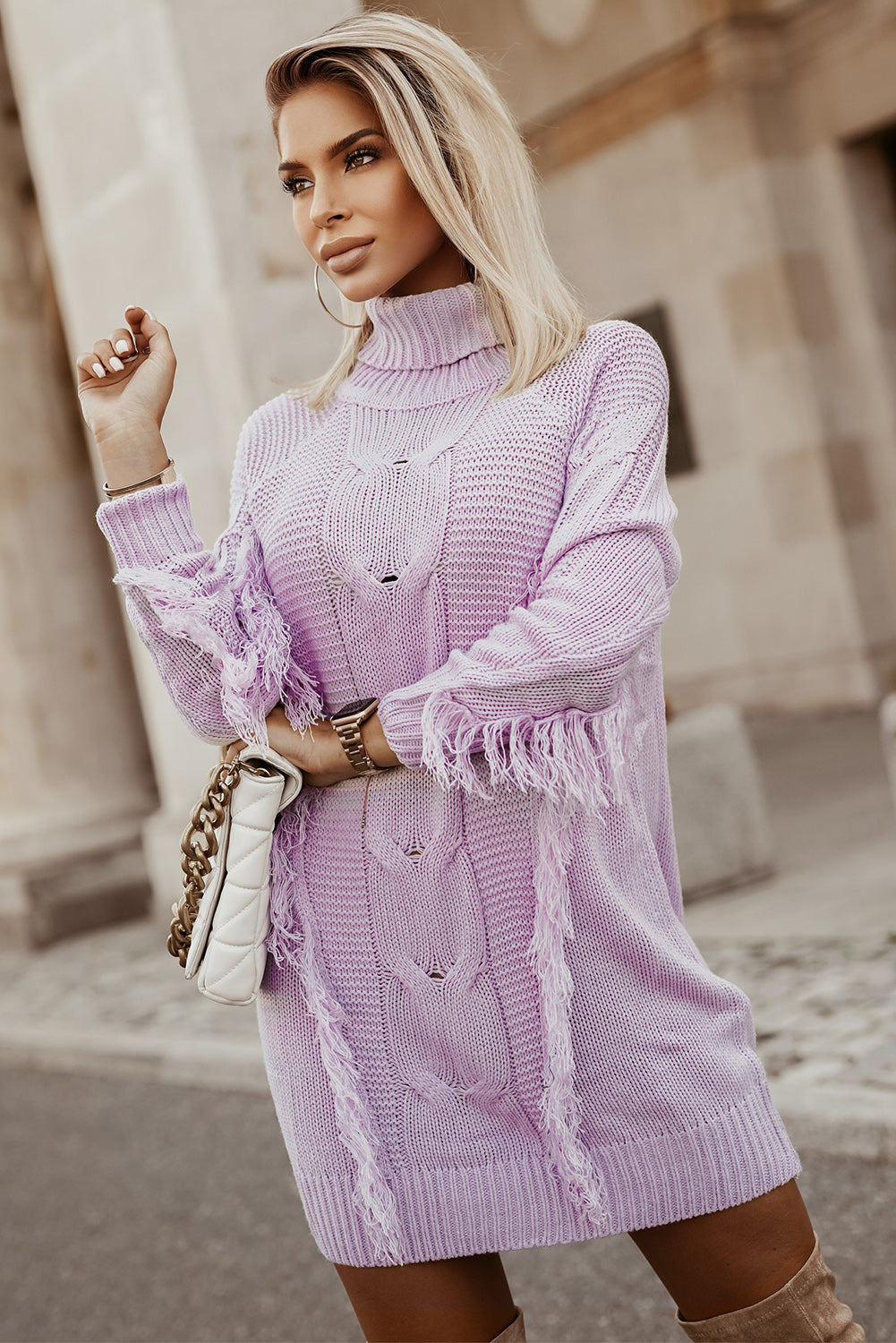 Purple Twist Fringe Casual High Neck Sweater Dress