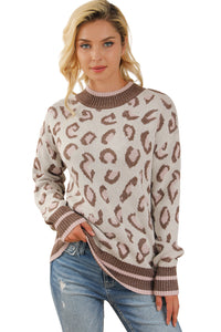 Brown Two-tone Ribbed Trim Contrast Leopard Sweater