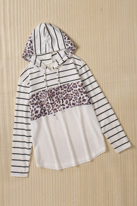 White Striped Leopard Block Patchwork Plus Size Hoodie