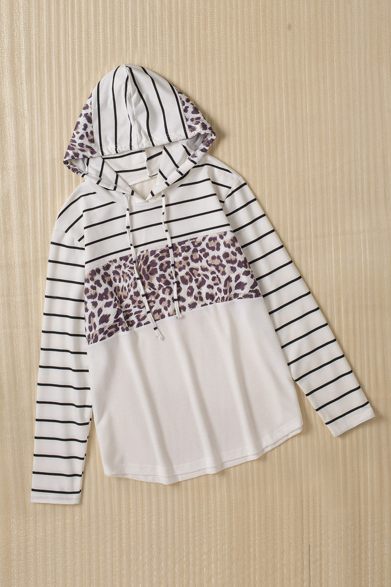 White Striped Leopard Block Patchwork Plus Size Hoodie