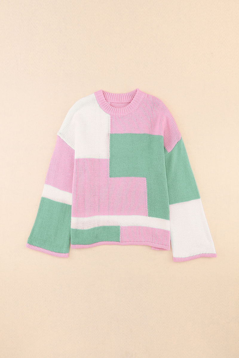 Pink Colorblock Drop Shoulder Bell Sleeve Sweater