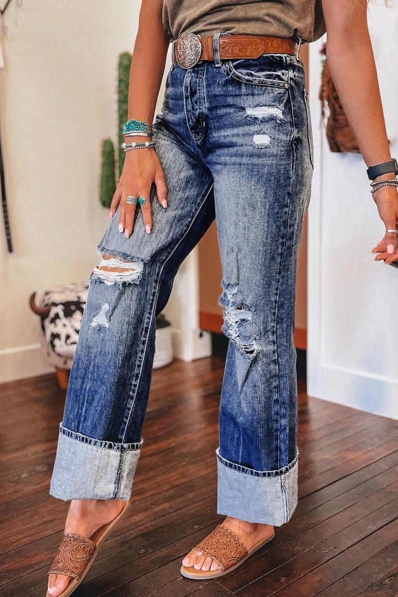 Dusk Blue Mineral Wash High Rise Ripped Jeans