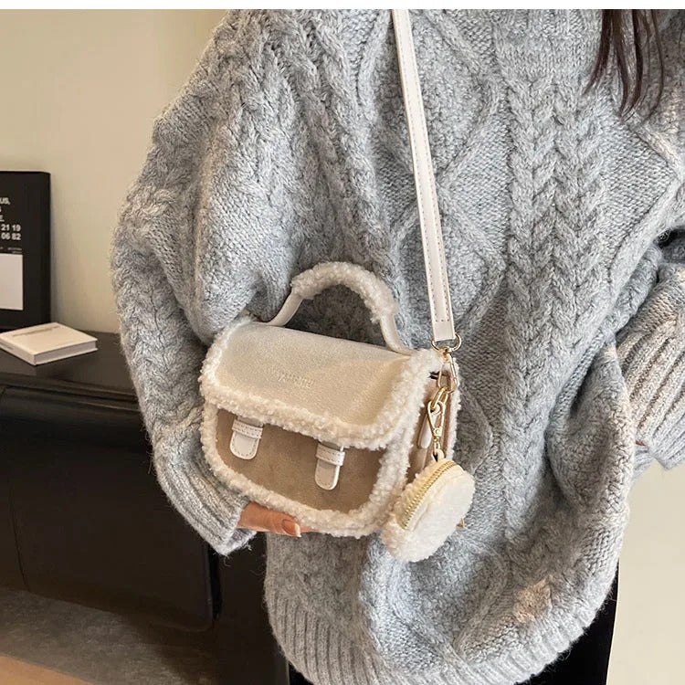 2023 Winter New Women's Plush Small Square Bag Color Contrast Design Single Shoulder Crossbody Bag Brown Handbag