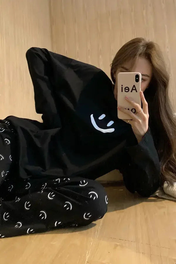 Women's Loose Round Neck Cute Kitty Homewear Pajamas Women's Simple Leisure Long Sleeve Long Pants Two-piece Suit Pajamas  Women