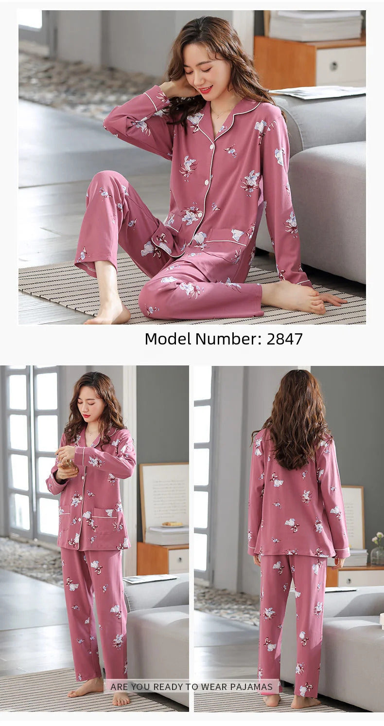 100% Cotton Long Sleeve Cardigan Pajama Set For Middle-aged Elderly Women Autumn Outer Wear Homewear