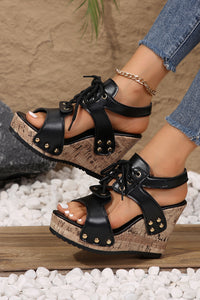 Black Hollow Out Lace-up Wedge Sandals