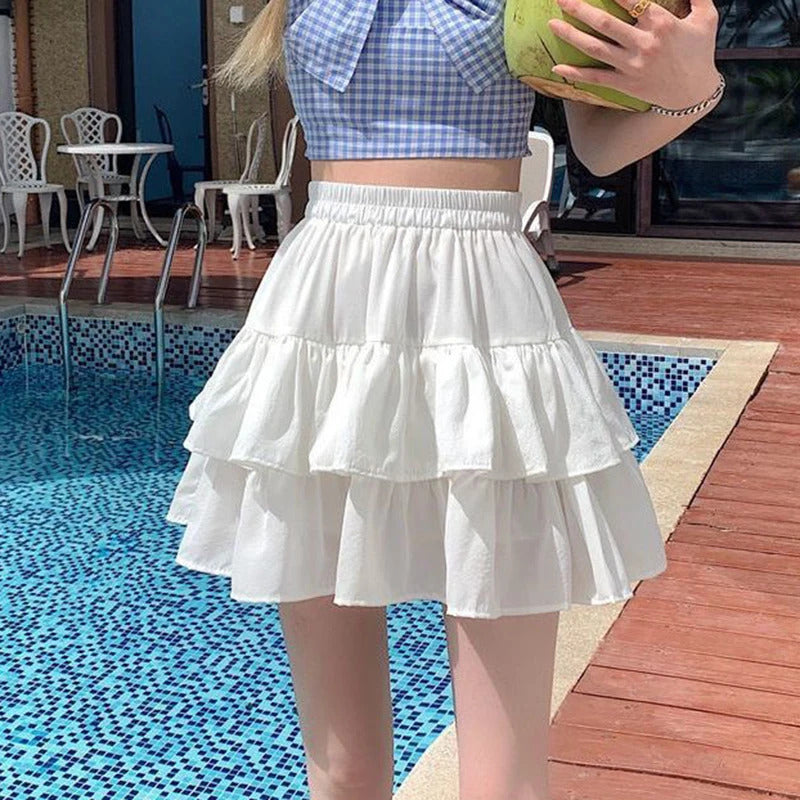 Pleated A-Line Skirt Women White Ruffle Sweet Tierred Pretty Style Skirt Elastic Waist Summer Slim Basic Korean Harajuku Dress