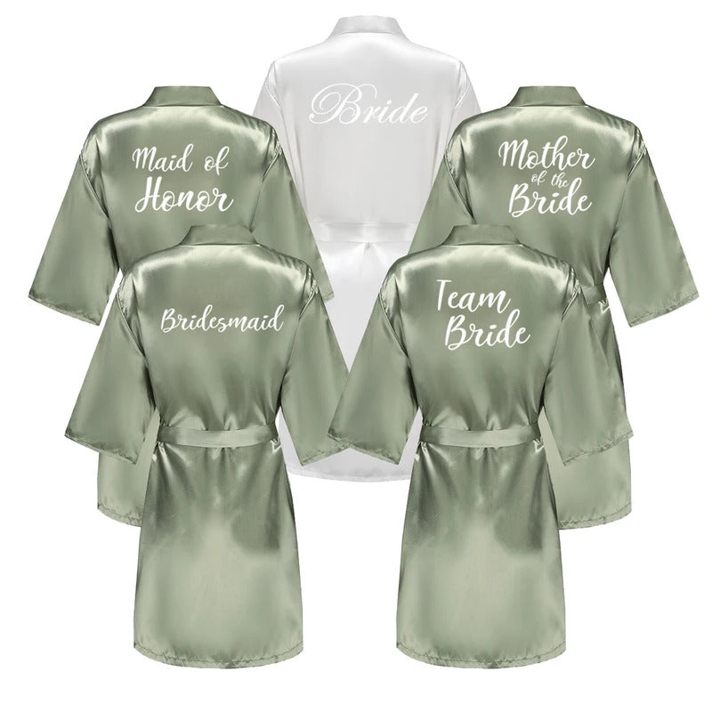 Grass Green Women's White Letter Bride Bridesmaid Short Satin Robes for Wedding Party Getting Ready