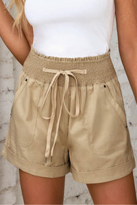 Khaki Drawstring Shirred High Waist Casual Shorts