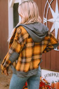 Medium Grey Plaid Patch Hooded Frayed Snap Button Jacket