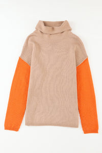 Clay Red Color Block Turtle Neck Drop Shoulder Knit Sweater