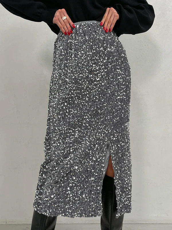 Elegant Christmas Sequin Long Evening Dresses High Waist Sexy Midi Skirt Women Silver Slit Midi Sequin Skirt For Women 2024