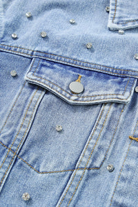 Mist Blue Rhinestones Studded Denim Jacket