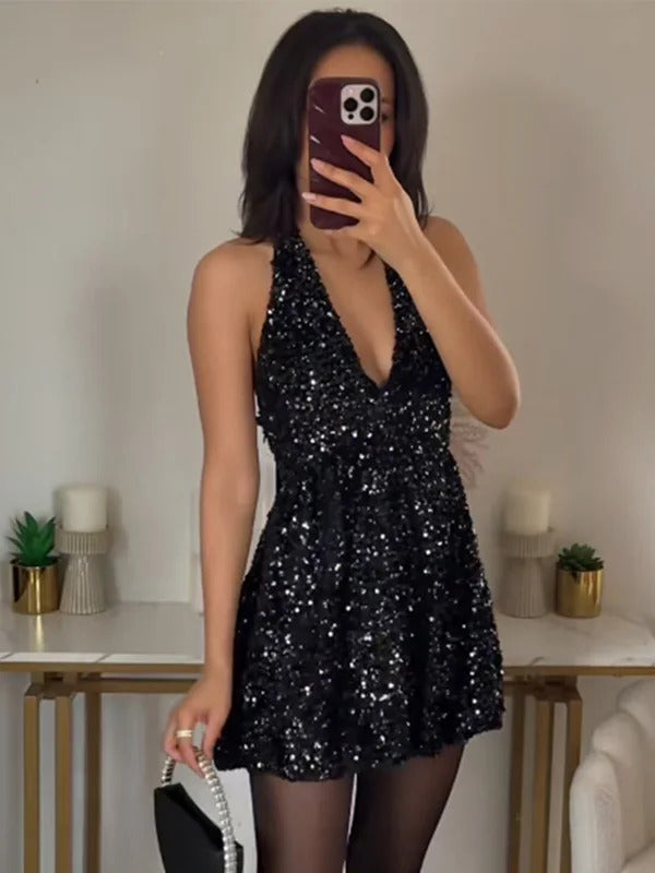 Sexy Sequin Velvet Sleeveless Dress Women Black Shinny V-neck A-line Loose Evening Dresses Female 2025 Fashion Solid Party Robe