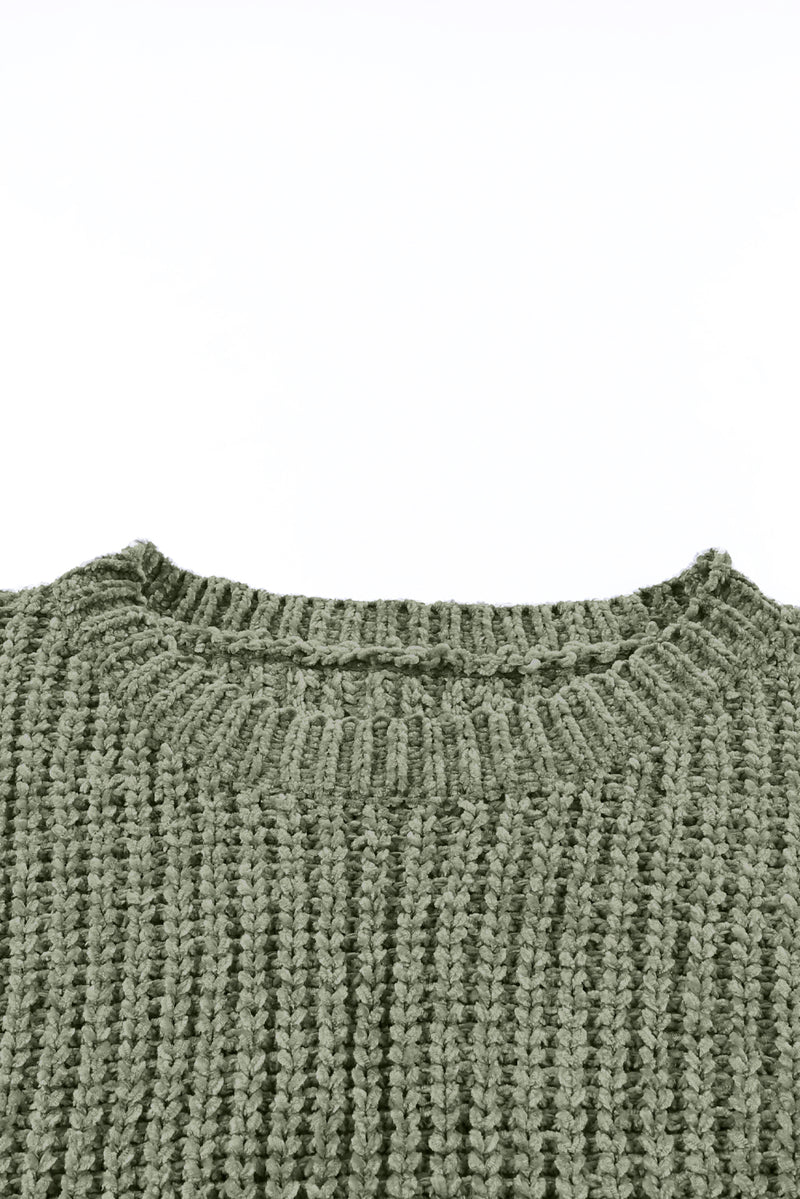 Green Long Sleeve Round Hem Cable Knit Sweater