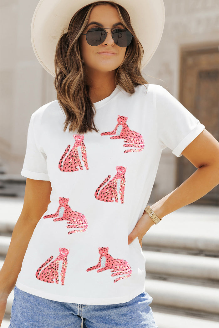 White Sequined Cheetah Print Round Neck Graphic Tee