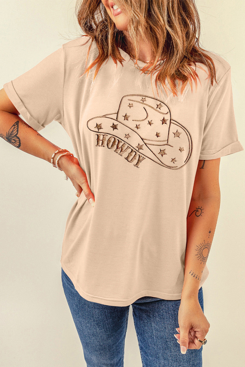 Khaki HOWDY Cowboy Hat Embroidered Graphic Tee