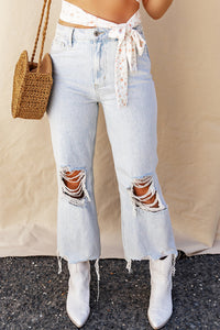 Light Blue High Rise Ripped Frayed Hem Straight Jeans