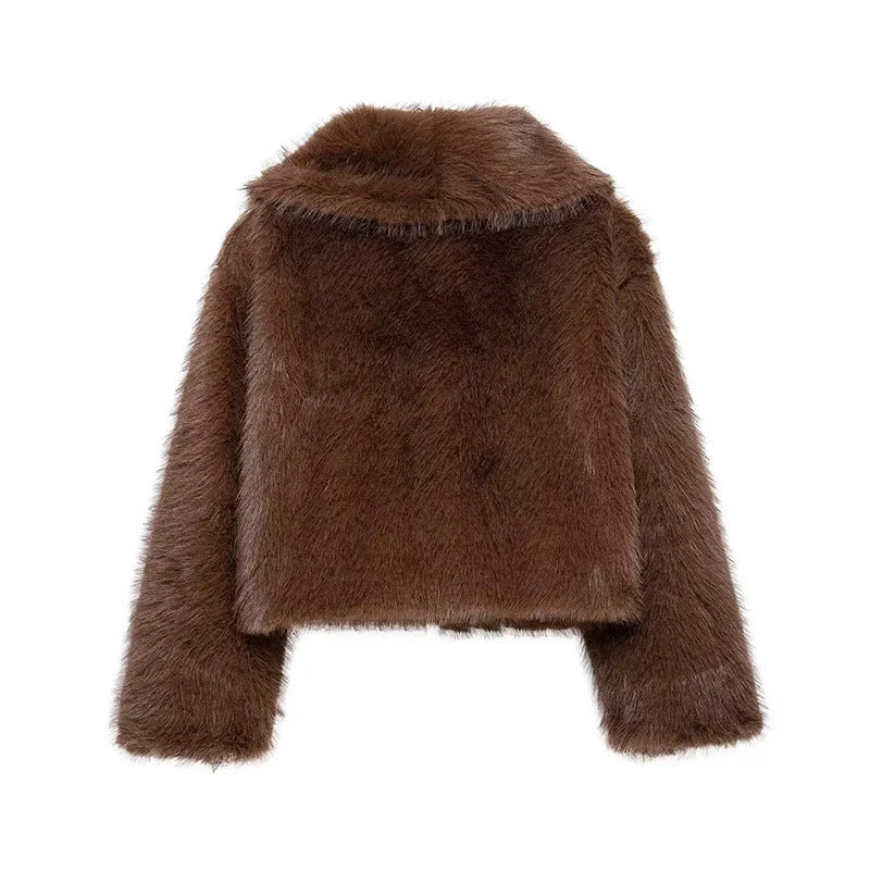 Brown Lapel Faux Fur Short Coat Women Fluffy Long Sleeve Warm Thick Loose Jacket 2024 Autumn Winter Lady High Street Outwear ﻿