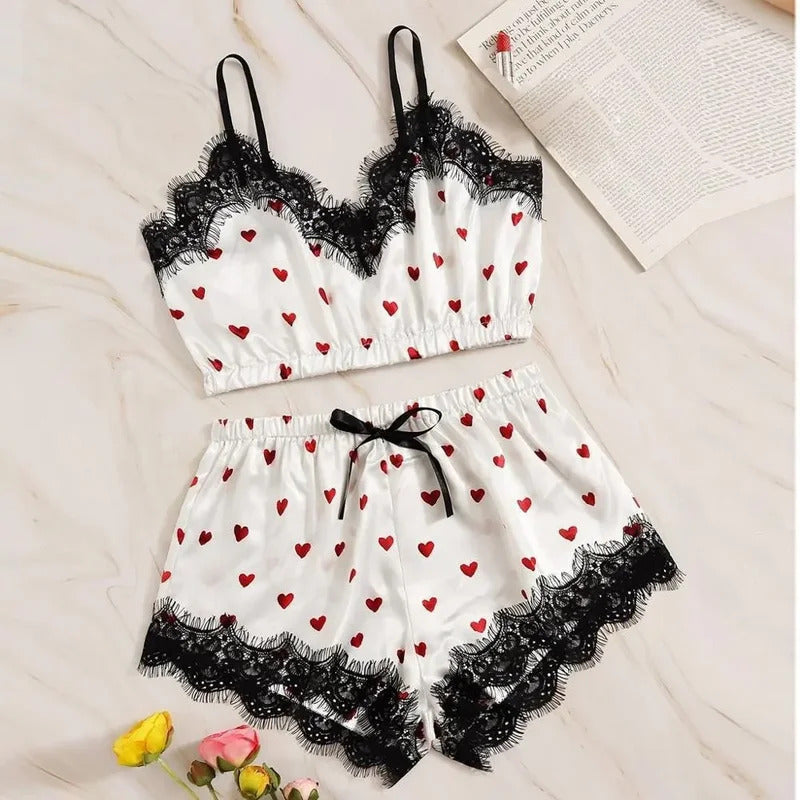 3Pcs/2Pcs Women Satin Ice Silk Pajama Set Heart Print Lace Sleeping Skirt Seamless Lingerie Homewear Pajama Shorts Set Sleepwear