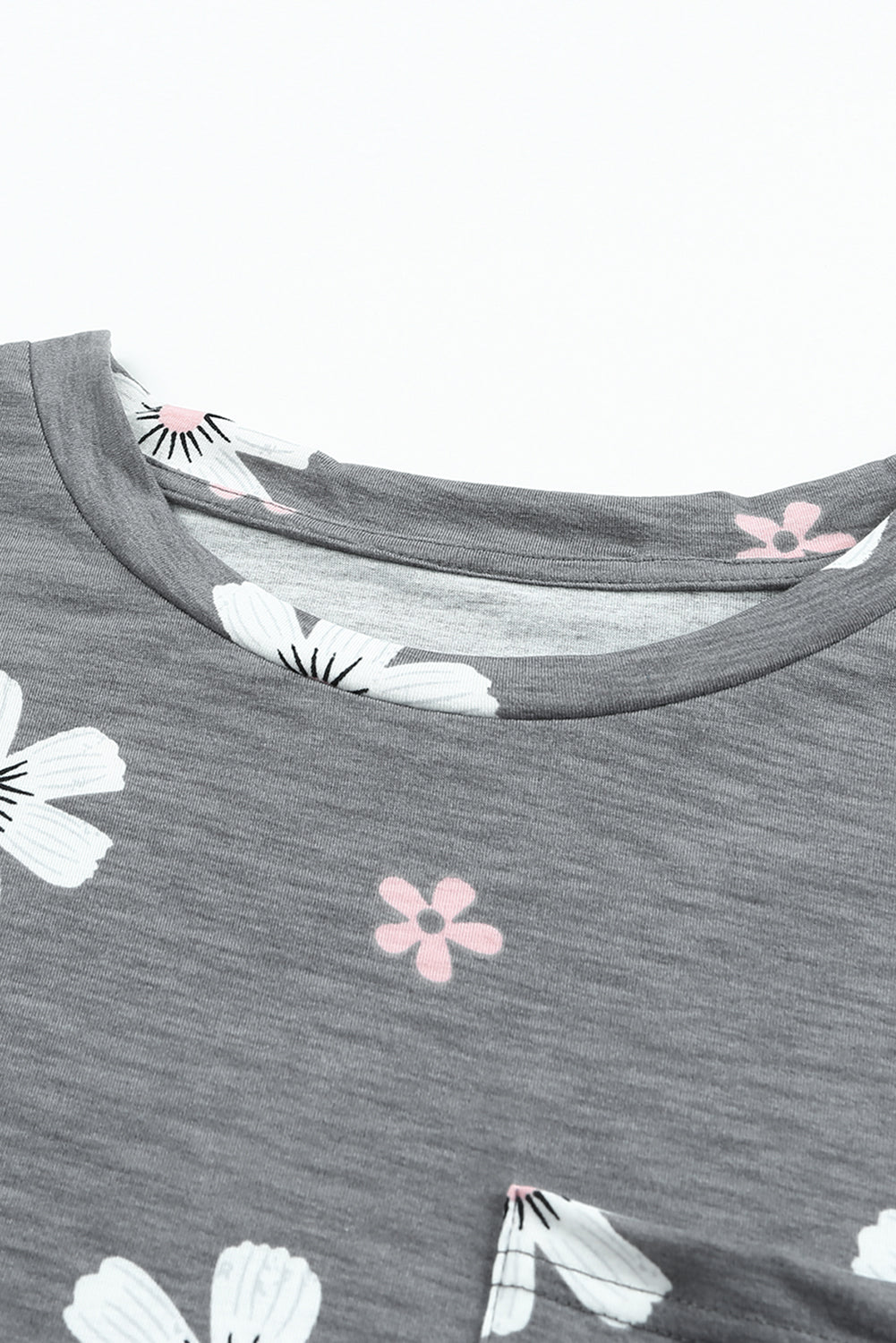 Gray Floral Cap Sleeve T-Shirt with Pocket